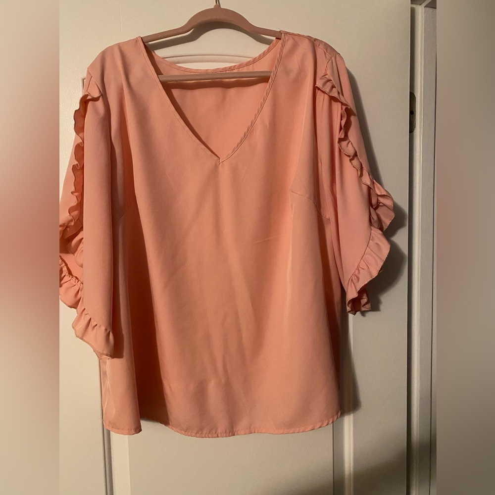 SHEIN Peach Ruffle Sleeve V-Neck Blouse